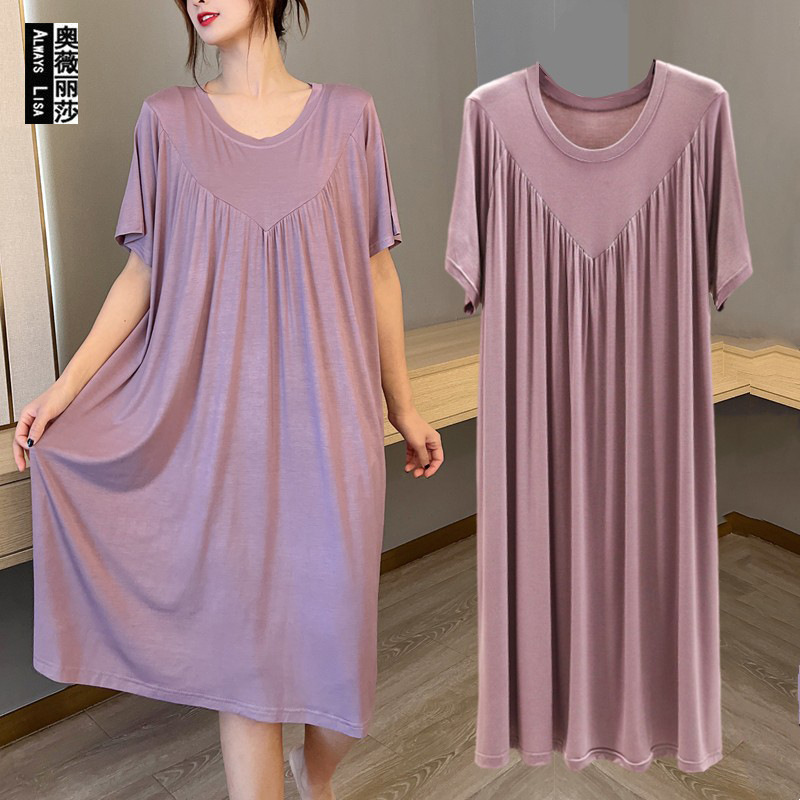 Modal dress female summer large size slim skirt pleated skirt short sleeve casual skirt loose nightdress