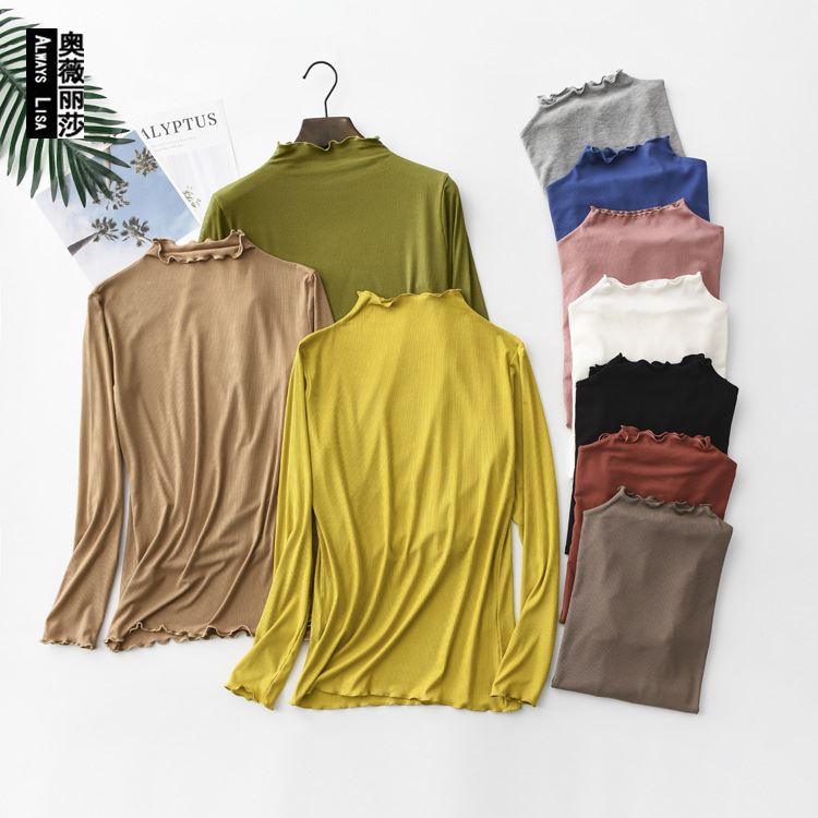 Spring/autumn model half high collar bottom shirt women's long sleeve mask T-shirt wood ear edge thin plain shirt