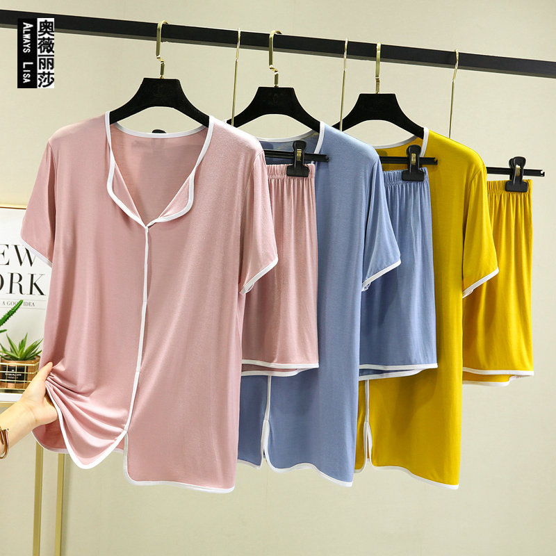 Pajamas Ladies 2022 new summer Modal cotton loose large size short sleeve hem home two-piece suit