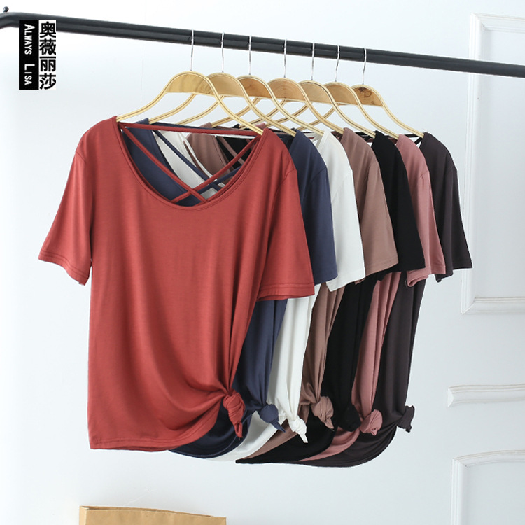Beautiful back T shirt women's summer thin loose short sleeve Modal bottom shirt back hollow-out cross backless shirt shirt