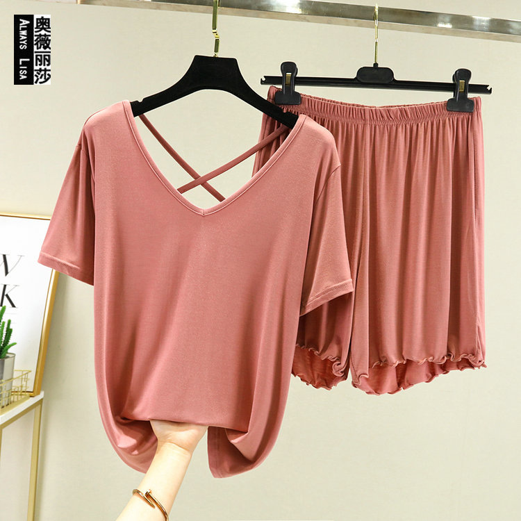 Modal backless T-shirt, lace shorts, loose and thin back, short sleeve, thin home pajamas two sets