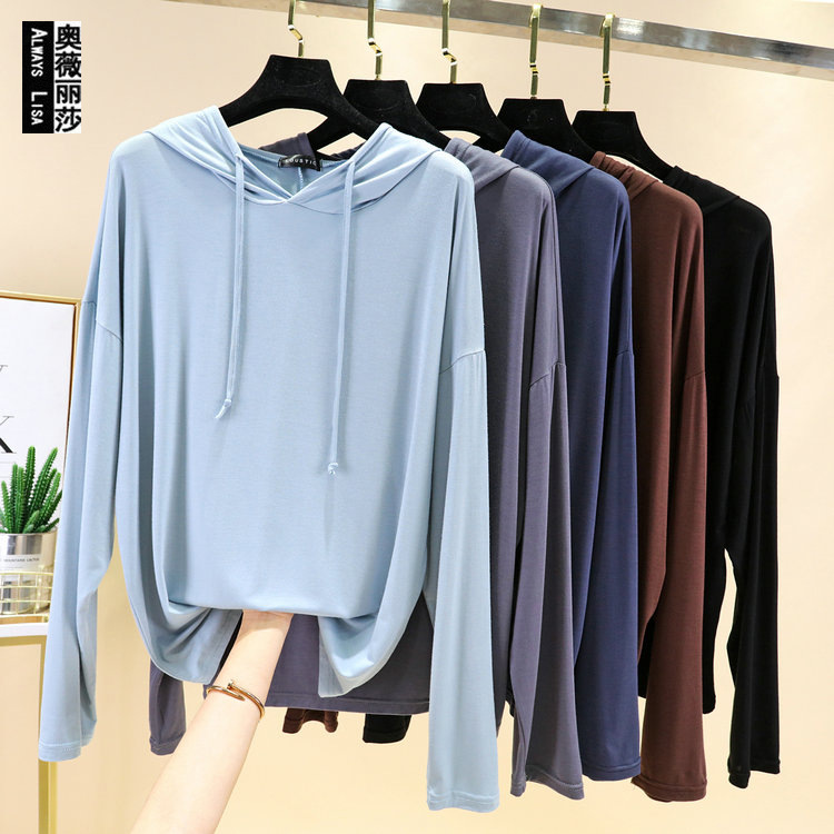 Modale long sleeve hooded T shirt women spring and summer large size loose pullover wearing bottom shirt thin sunscreen thin jacket