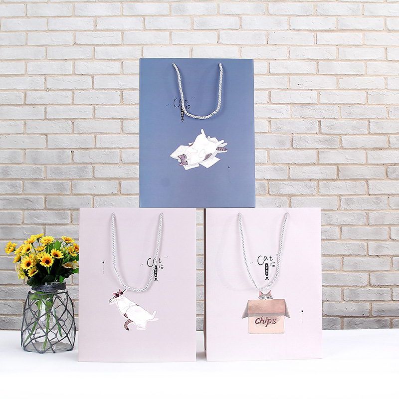 White card paper handbag cartoon cute cat gift bag Cosmetics shoes clothing shopping mall paper lady shopping bag