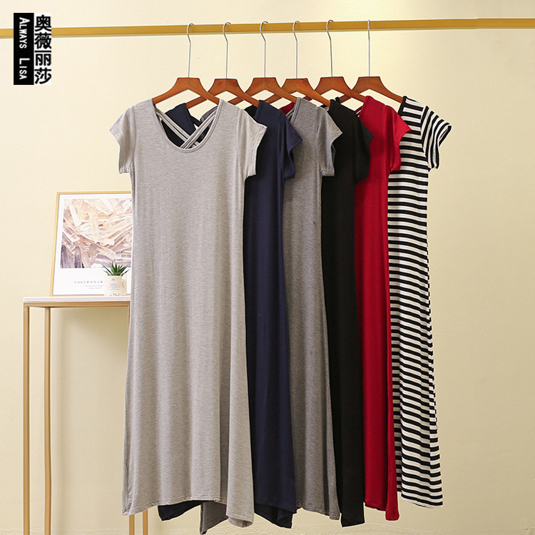 Spring and summer new short-sleeved dress loose look thin versatile bottom Korean fashion back cross back long skirt