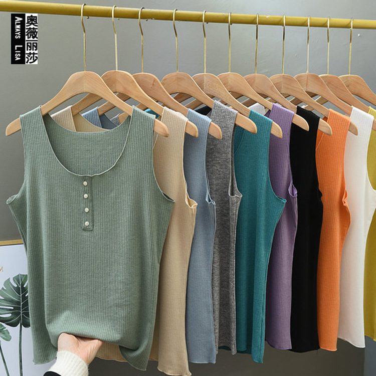 Sleeveless bottom top female Summerdale thread large size halter vest round collar thin slimming top 5 buttons