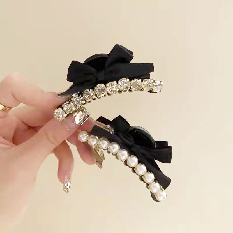 Pearl water diamond black bow, elegant grappling clip headwear, hair clips, hairpins, women's bangs clips, updo side clips