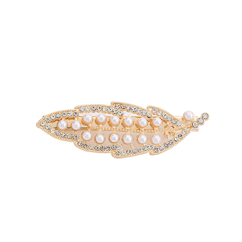2021 New feather leaf hair clip, bangs clip, diamond zircon, shiny and fashionable pearl edge clip, popular hair accessory for women Item Picture