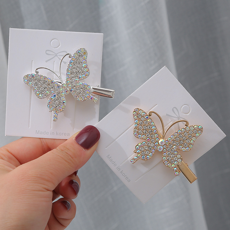 Korean super fairy butterfly water diamond hair clips with sweet girl bangs on the side and cute children's hair accessories by the seaside details Picture