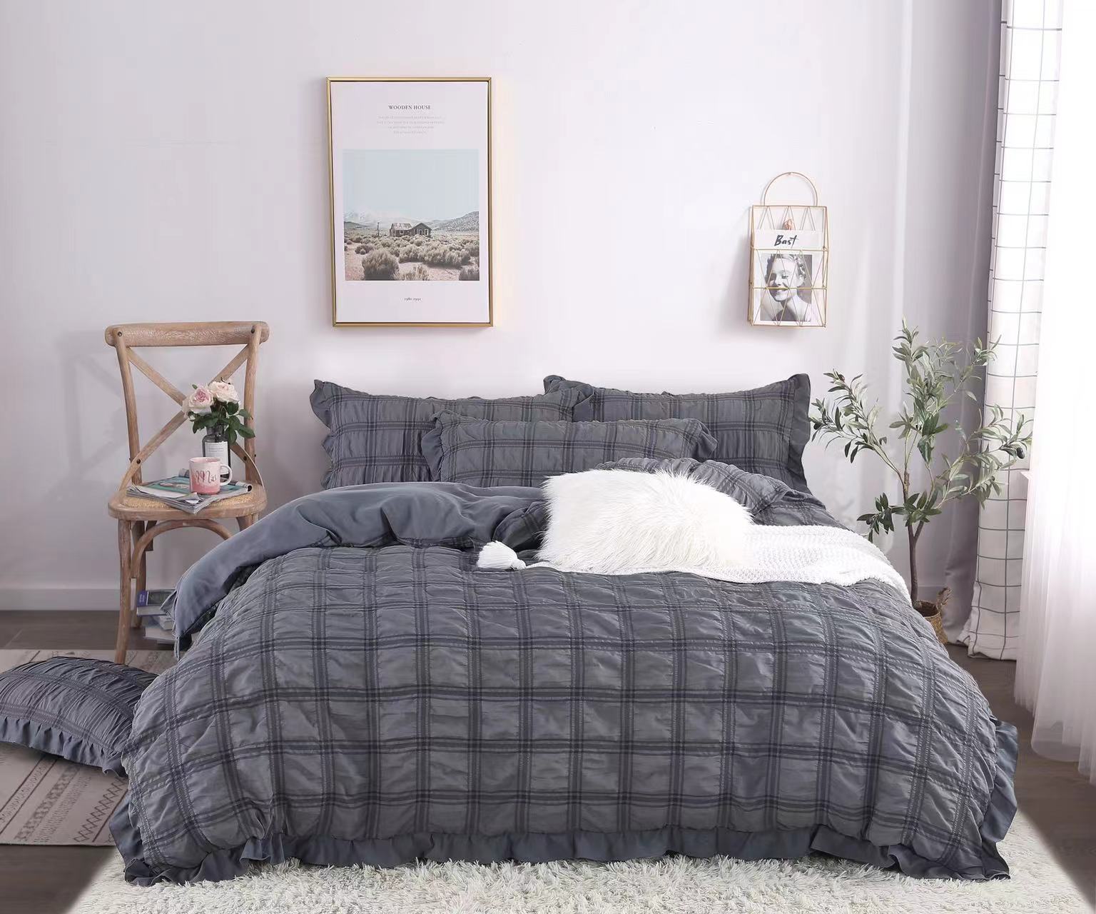 Spring/Summer 2022 Korean-style puffercloth quilt cover in solid color, INS simple princess style, ruffled edge fresh bedding