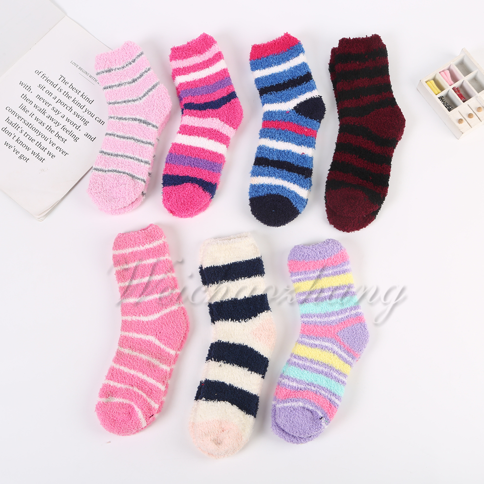 Female socks stripe polka dot coral velvet socks winter warm lovely sleep home floor socks fluffy tube socks