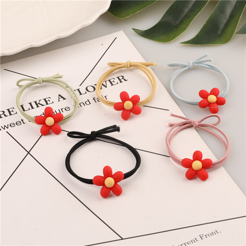 New small red flower hair band, five-petal flower cartoon flower hair tie, hair tie rubber band, high-elasticity braided hair tie