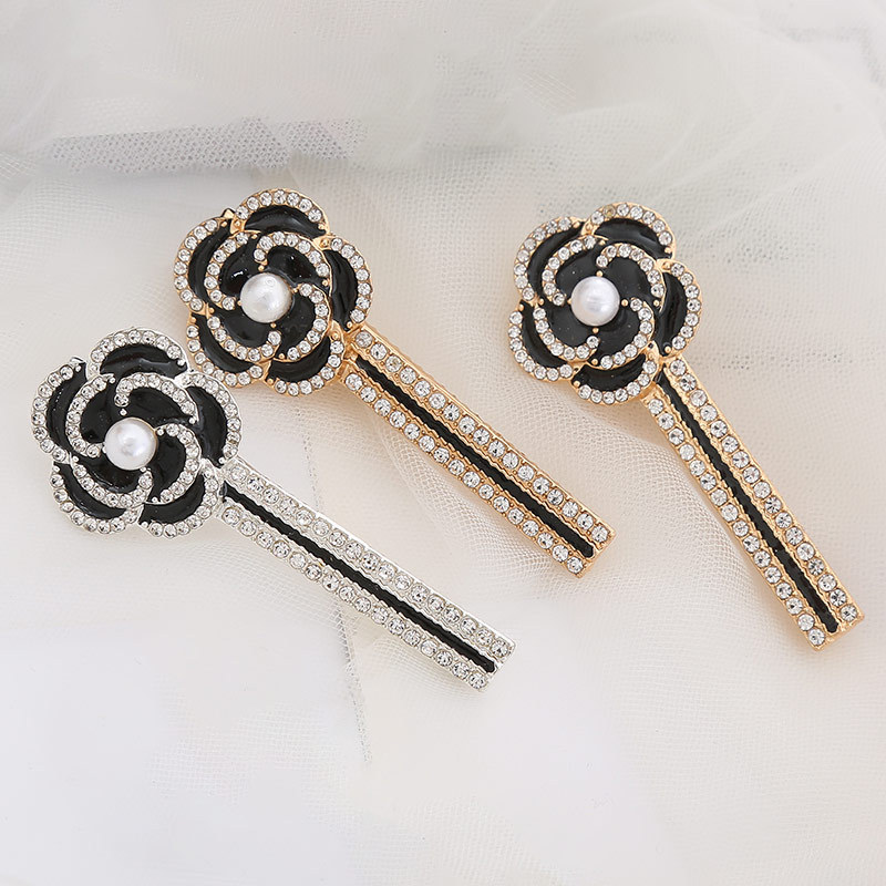 山茶花珍珠花朵边夹一字夹韩国东大门同款网红简约少女水钻夹