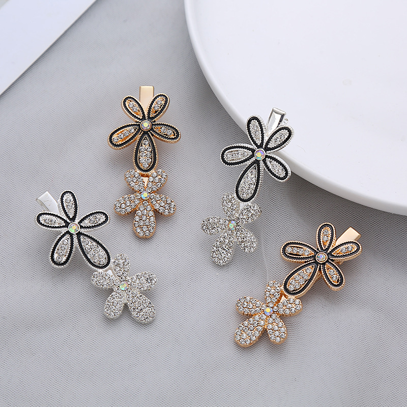 韩国黑色滴油双花水钻发夹一字发卡子网红侧边夹气质少女刘海夹