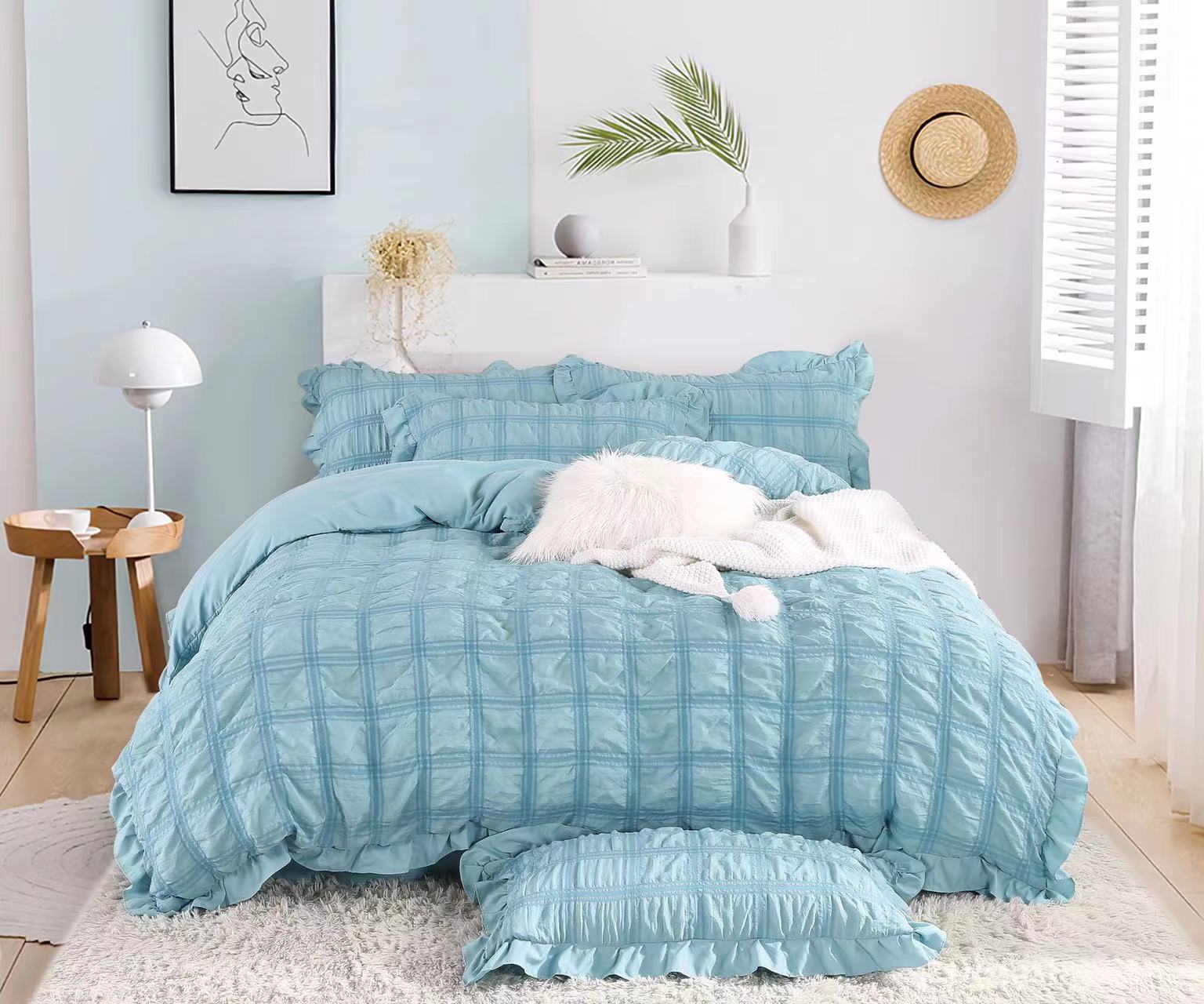 Spring/Summer 2022 Korean-style puffercloth quilt cover in solid color, INS simple princess style, ruffled edge fresh bedding Specification image