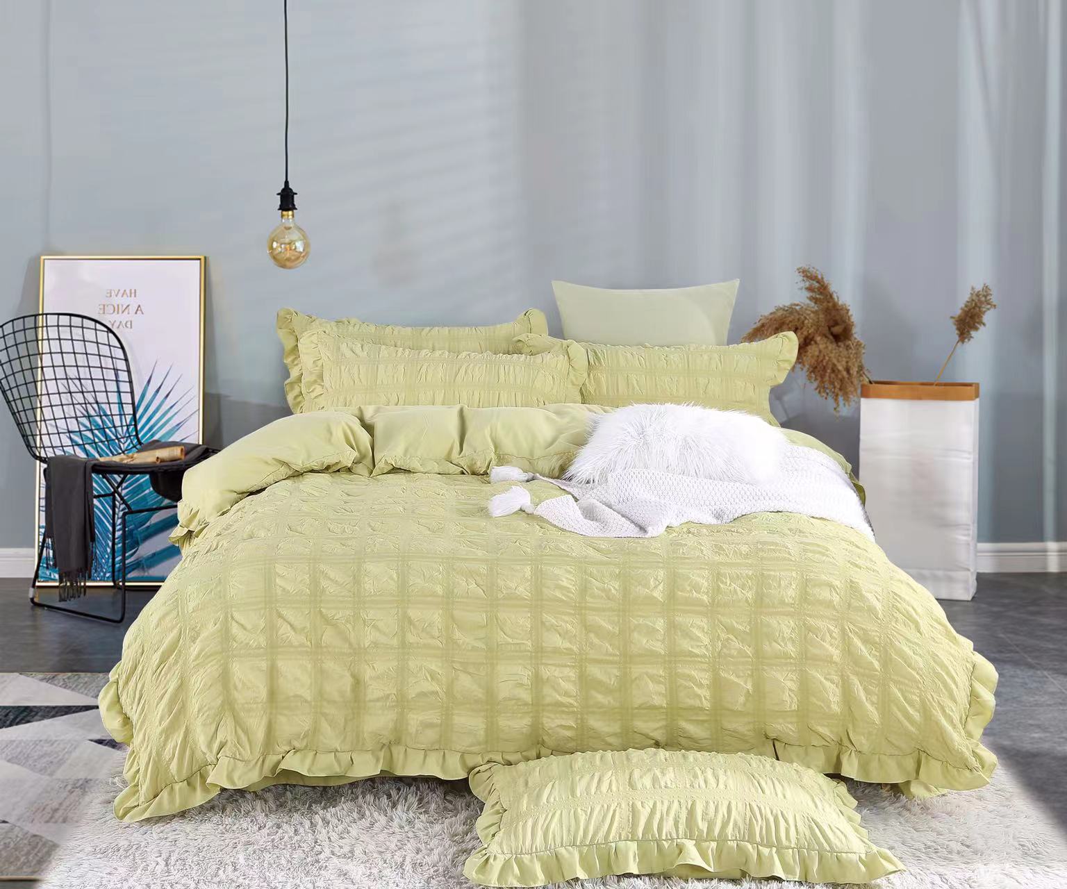 Spring/Summer 2022 Korean-style puffercloth quilt cover in solid color, INS simple princess style, ruffled edge fresh bedding Application Scenario