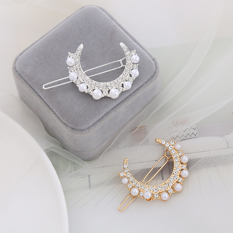 Korean delicate girl rhinester pearl hairpin super fairy style out hair card moon fringe side clip headwear