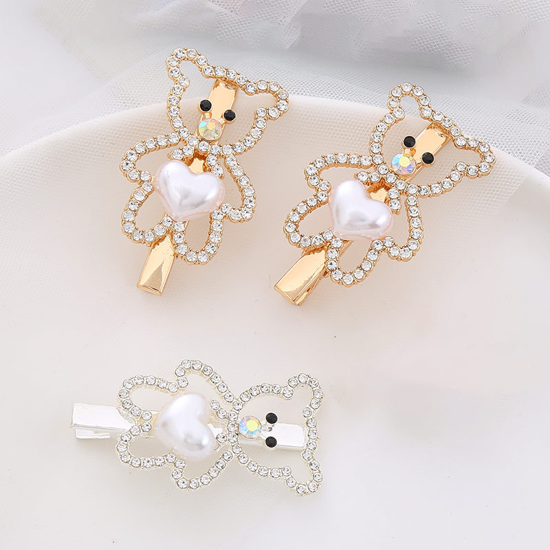 韩国饰品水钻小熊发夹珍珠鸭嘴夹网红款边夹顶夹一字夹发饰女