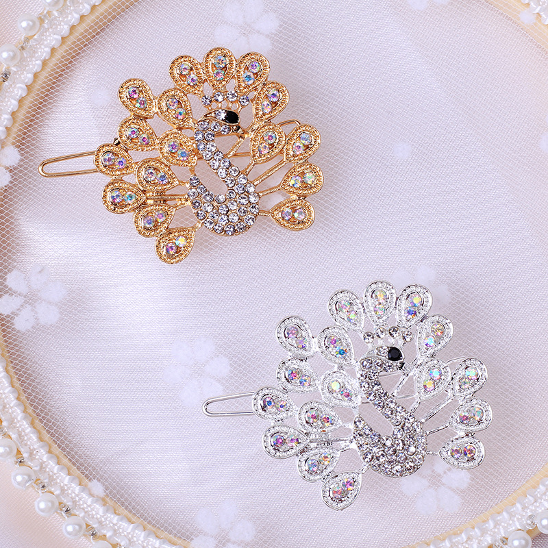 韩国一字发卡工厂直供金属水钻夹女式吉祥开屏孔雀水钻青蛙扣边夹