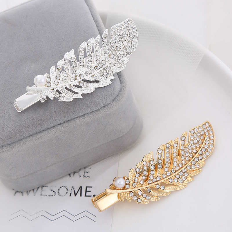Japanese and Korean diamond-encrusted imitation pearl feather hair clips, fashionable and elegant side clips, bangs clips, simple and internet-famous hair clips details Picture