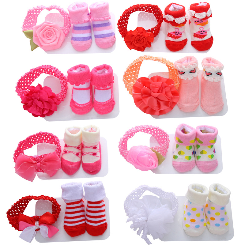 Cross Border striped cotton Princess Baby Socks Bow cartoon mesh polka dot baby socks headband set