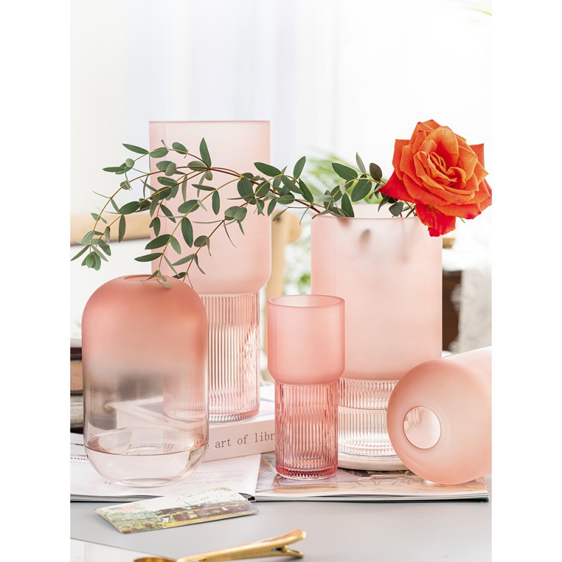 创意简约北欧ins风玻璃花瓶粉色磨砂样板间插花花器客厅装饰摆件图