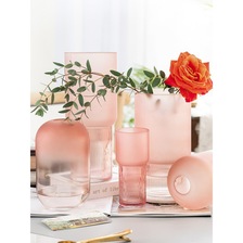 创意简约北欧ins风玻璃花瓶粉色磨砂样板间插花花器客厅装饰摆件