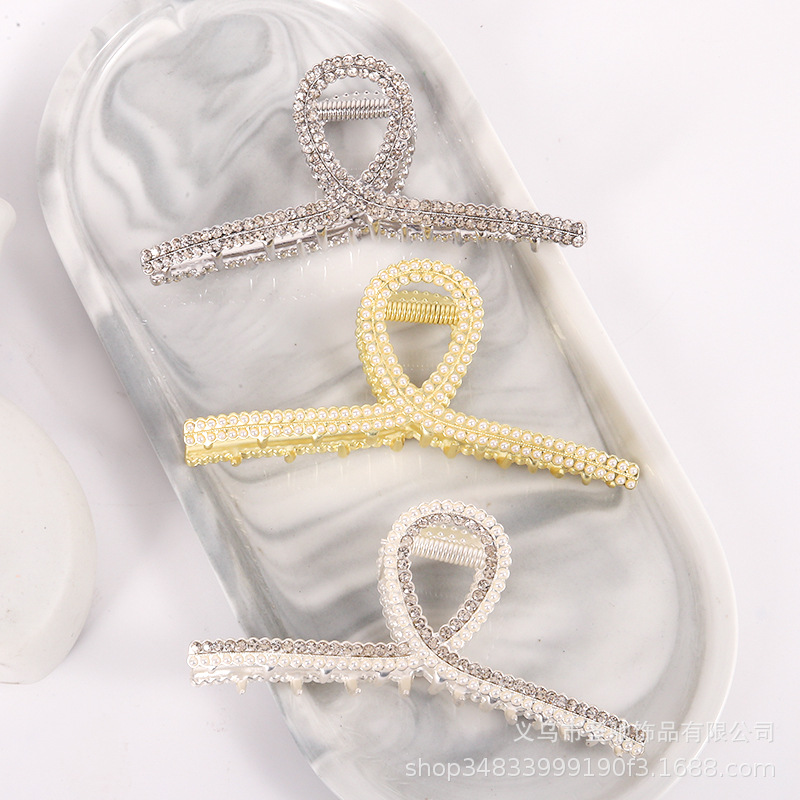 新款金属滴油珍珠水钻发夹流行简约女式发抓网红鲨鱼夹发卡大抓夹