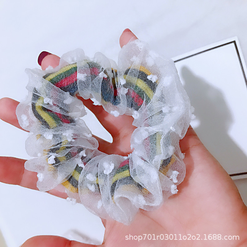 The Korean version of the popular rubber band female solid-color hair tie is super ethereal and sweet. The new rainbow mesh large intestine hair band for women details Picture