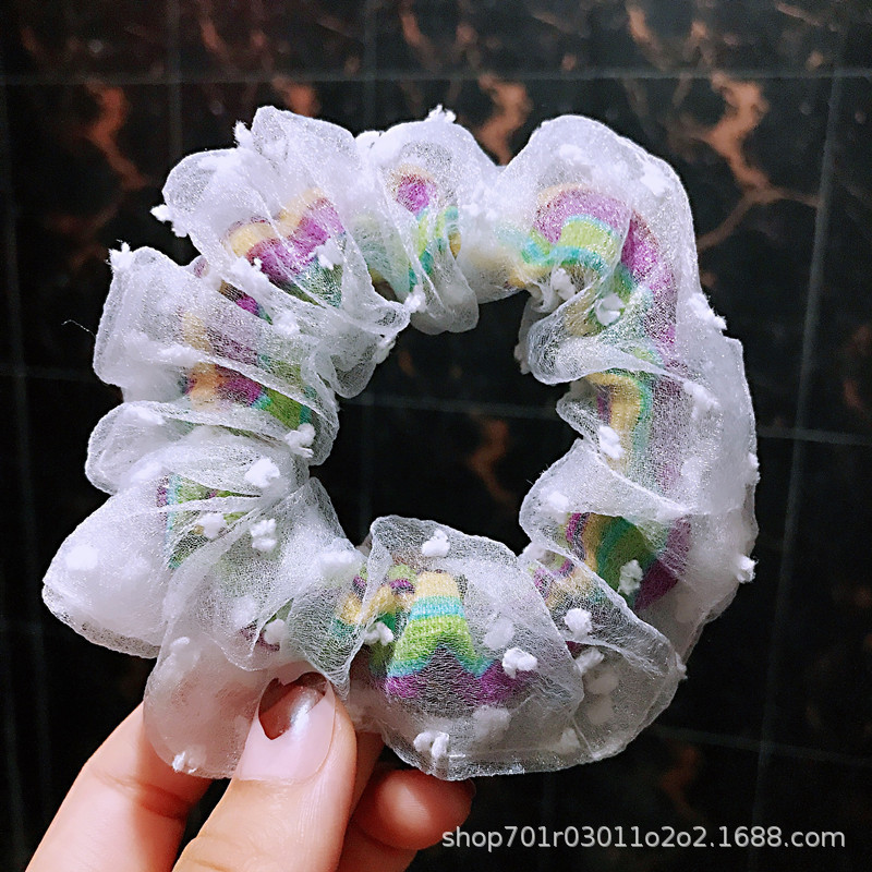 The Korean version of the popular rubber band female solid-color hair tie is super ethereal and sweet. The new rainbow mesh large intestine hair band for women Item Picture