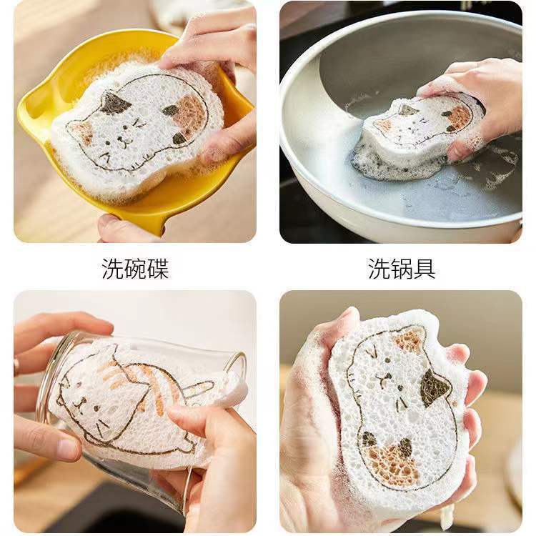 Natural non-stick oil wood pulp sponge, dishwashing brush, cleaning cloth, kitchen compressed sponge, printing cartoon, bath absorbent cotton details Picture