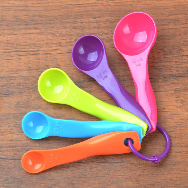 Five-color measuring spoons for baking, double-scale kitchen baking tools, 5-piece set of plastic measuring spoons for milk powder, milk powder spoons