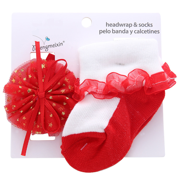 New cotton European and American bow baby socks, cute princess lace trim baby socks and hair band set Item Picture
