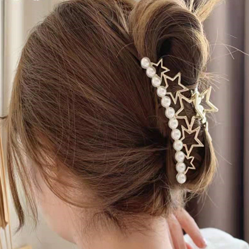 New bow tie diamond pearl clip, five-pointed star head back spoon hair claw, large crown hair clip, metal fashionable hair clip