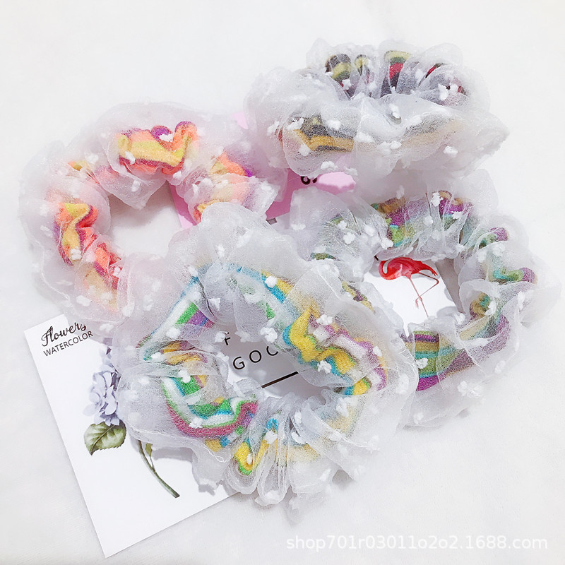 The Korean version of the popular rubber band female solid-color hair tie is super ethereal and sweet. The new rainbow mesh large intestine hair band for women Specification image