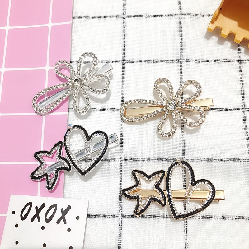 The same style as Dongdaemun in South Korea, featuring heart-shaped water diamond edges, duckbill clips, flower heart-shaped bow bangs and broken hair clips
