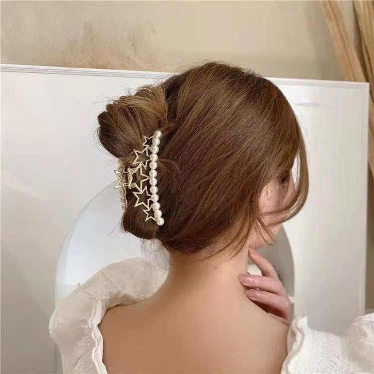 New bow tie diamond pearl clip, five-pointed star head back spoon hair claw, large crown hair clip, metal fashionable hair clip details Picture