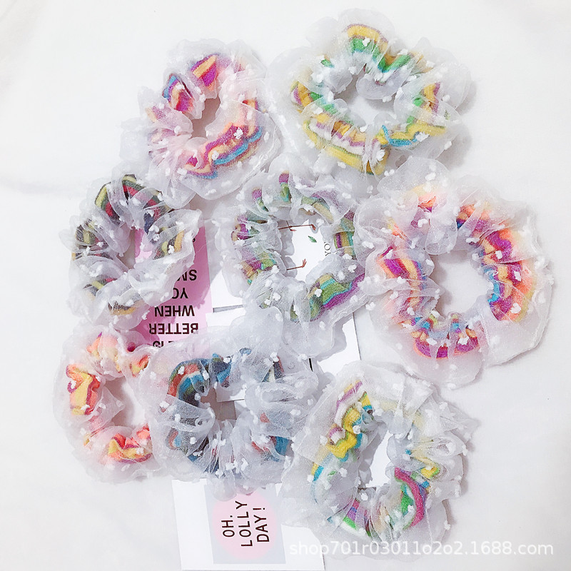 The Korean version of the popular rubber band female solid-color hair tie is super ethereal and sweet. The new rainbow mesh large intestine hair band for women