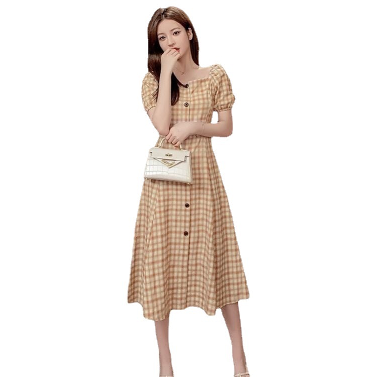This 2022 summer new square-neck checkered puffed sleeve French retro knee-length dress is elegant, fashionable, waist-cinching and slimming Item Picture