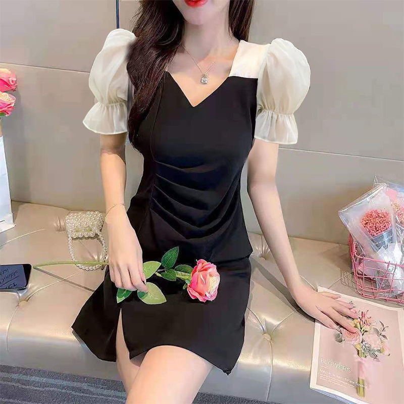 Black dress for women 2022 summer slimming short-sleeved dress for women, versatile summer dress for women, mid-length style