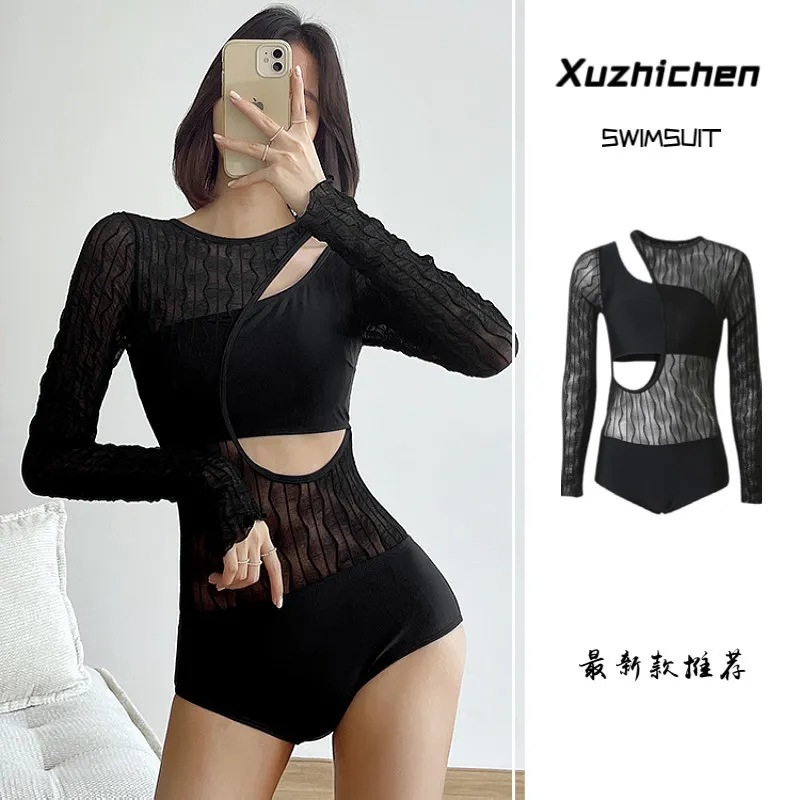 泳衣女性感连体显瘦纯欲风小胸聚拢长袖美背2022新款泡温泉游泳装