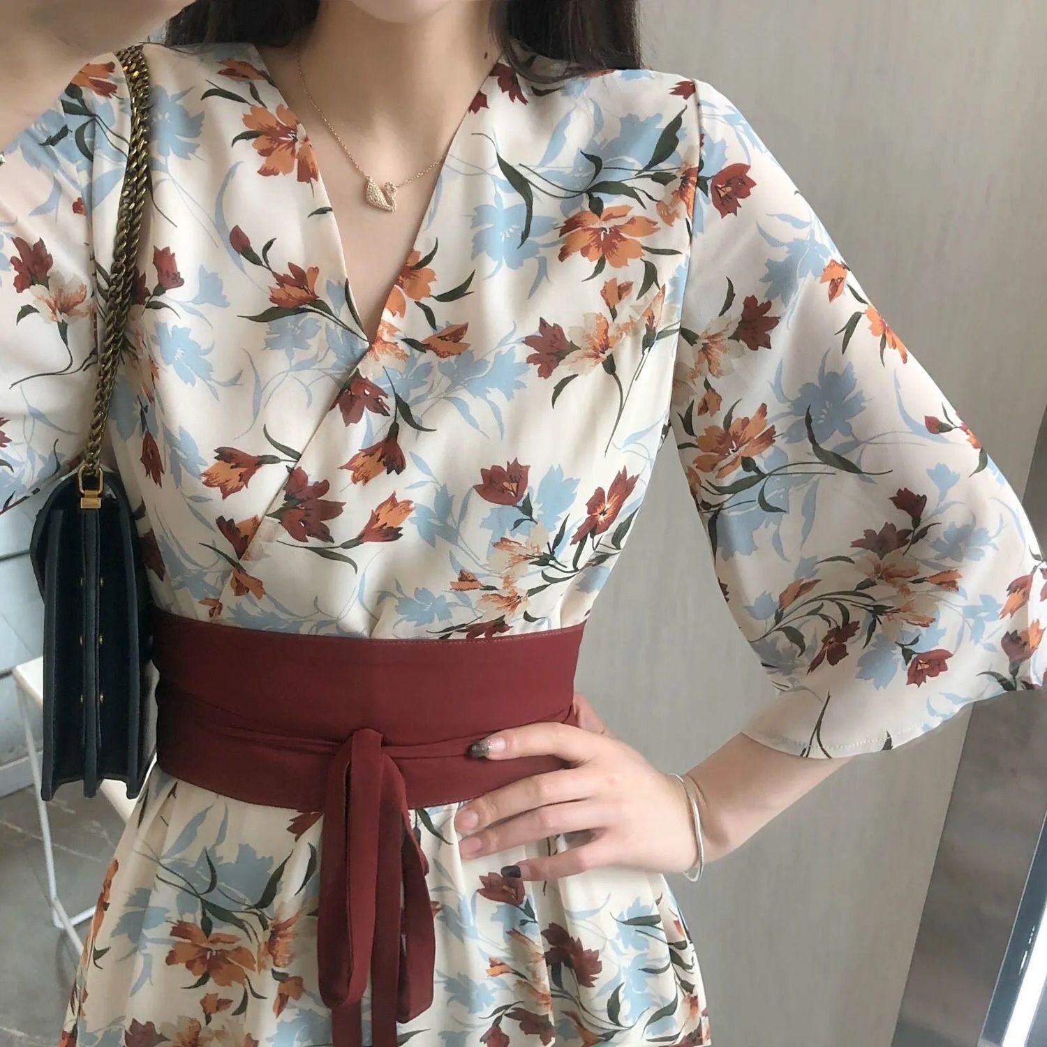 2022新腰带连衣裙收腰绑带布汉服改良版超仙复古中国风小个子碎花