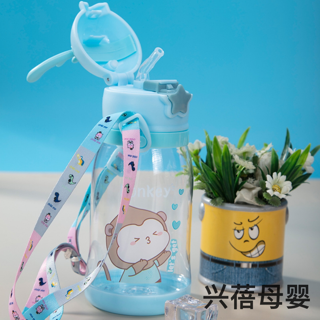 New creative color-blocking children's antler cup, portable plastic water cup, cartoon student straw cup, large-capacity bouncing cup Specification image