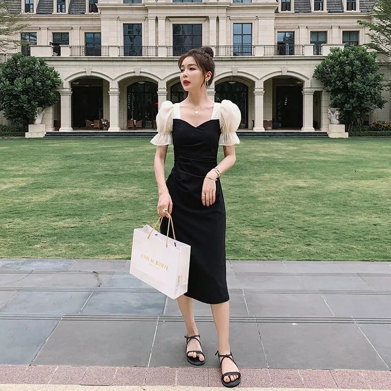 Black dress for women 2022 summer slimming short-sleeved dress for women, versatile summer dress for women, mid-length style Application Scenario