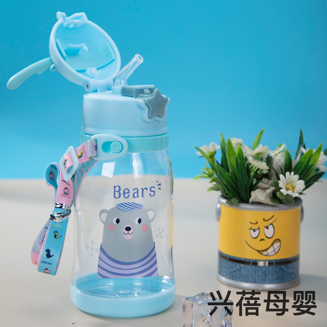 New creative color-blocking children's antler cup, portable plastic water cup, cartoon student straw cup, large-capacity bouncing cup details Picture
