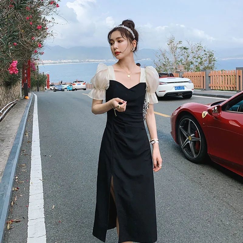 Black dress for women 2022 summer slimming short-sleeved dress for women, versatile summer dress for women, mid-length style Specification image