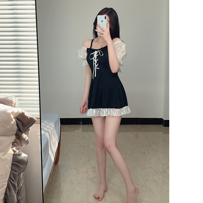 Swimsuit women's dress style one-piece conservative slimming Korean ins style pure desire small chest gathering fairy style hot spring swimming outfit details Picture