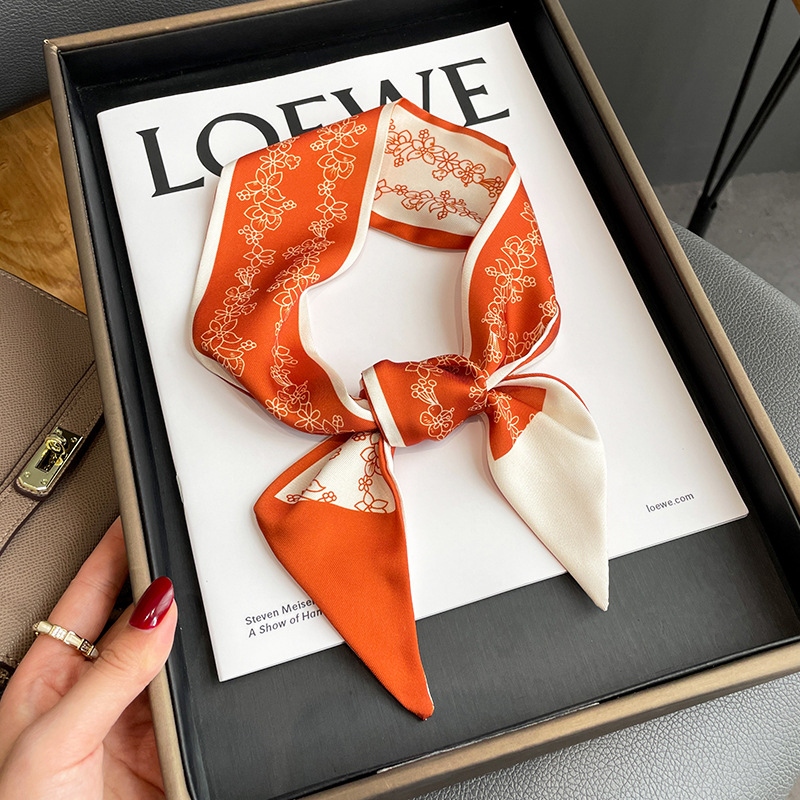 新款韩版花卉图案洋气斜角细窄长条领巾现货时尚装饰两用发带围脖