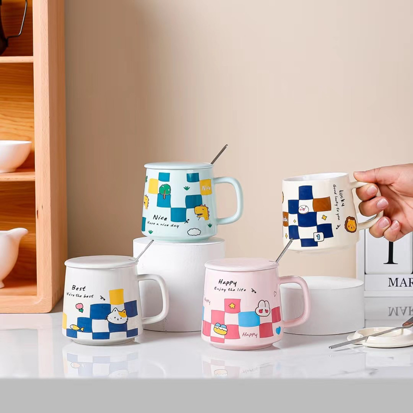 New cartoon ceramic checkerboard mug with lid and spoon coffee mug cute water mug