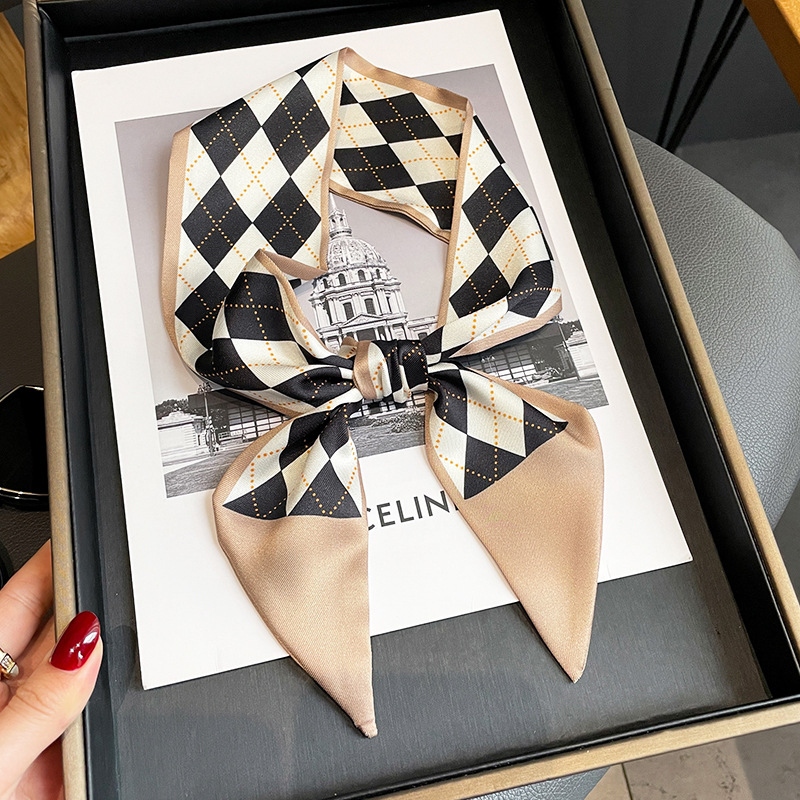 2022新款菱形图案春秋洋气细窄长条领巾斜角两用发带围脖装饰方巾