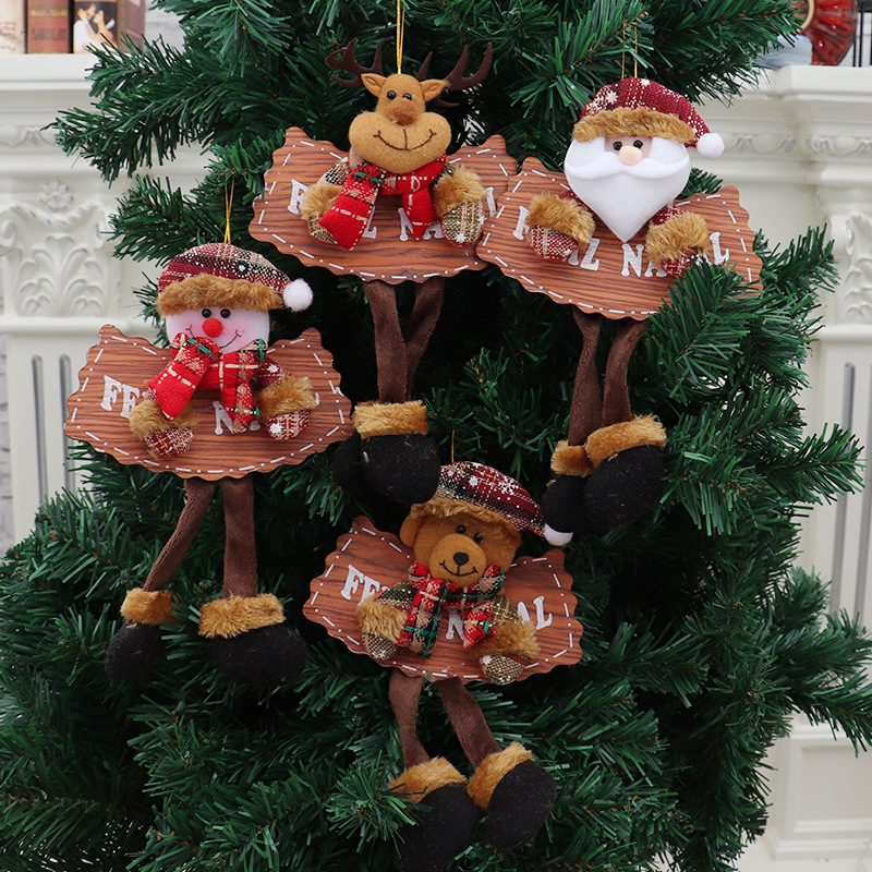Christmas decorations, Christmas tree letters, wooden hangings, old man, snowman, deer, bear, cloth fireplace window hangings